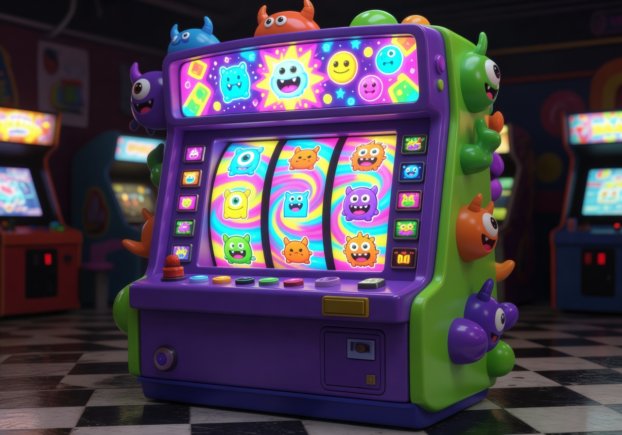 Monster themed slot machine with colorful reels and glowing fun UI in cartoon style